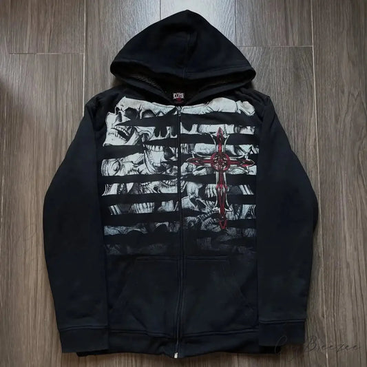 Skull Patchwork Zipper Hoodie hoodies-241228