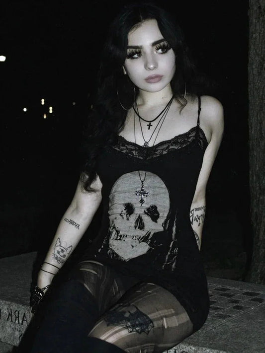 Skull Print Club Party Cami Mini Harajuku Emo Grunge Punk Backless Lace Trim Dress