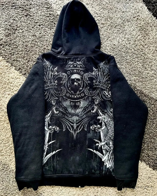 Skull Print Zipper Relaxed Hoodie black 4 / S hoodies-241228