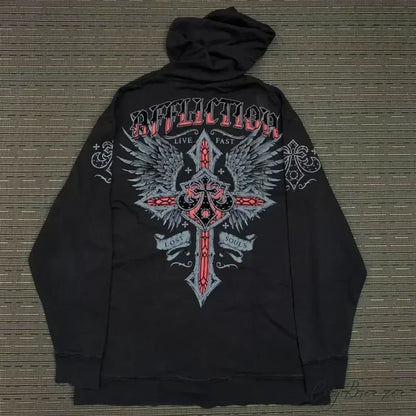 Skull Print Zipper Relaxed Hoodie black 6 / S hoodies-241228