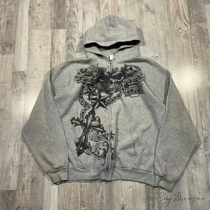 Skull Print Zipper Relaxed Hoodie grey / S hoodies-241228