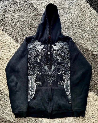 Skull Print Zipper Relaxed Hoodie hoodies-241228