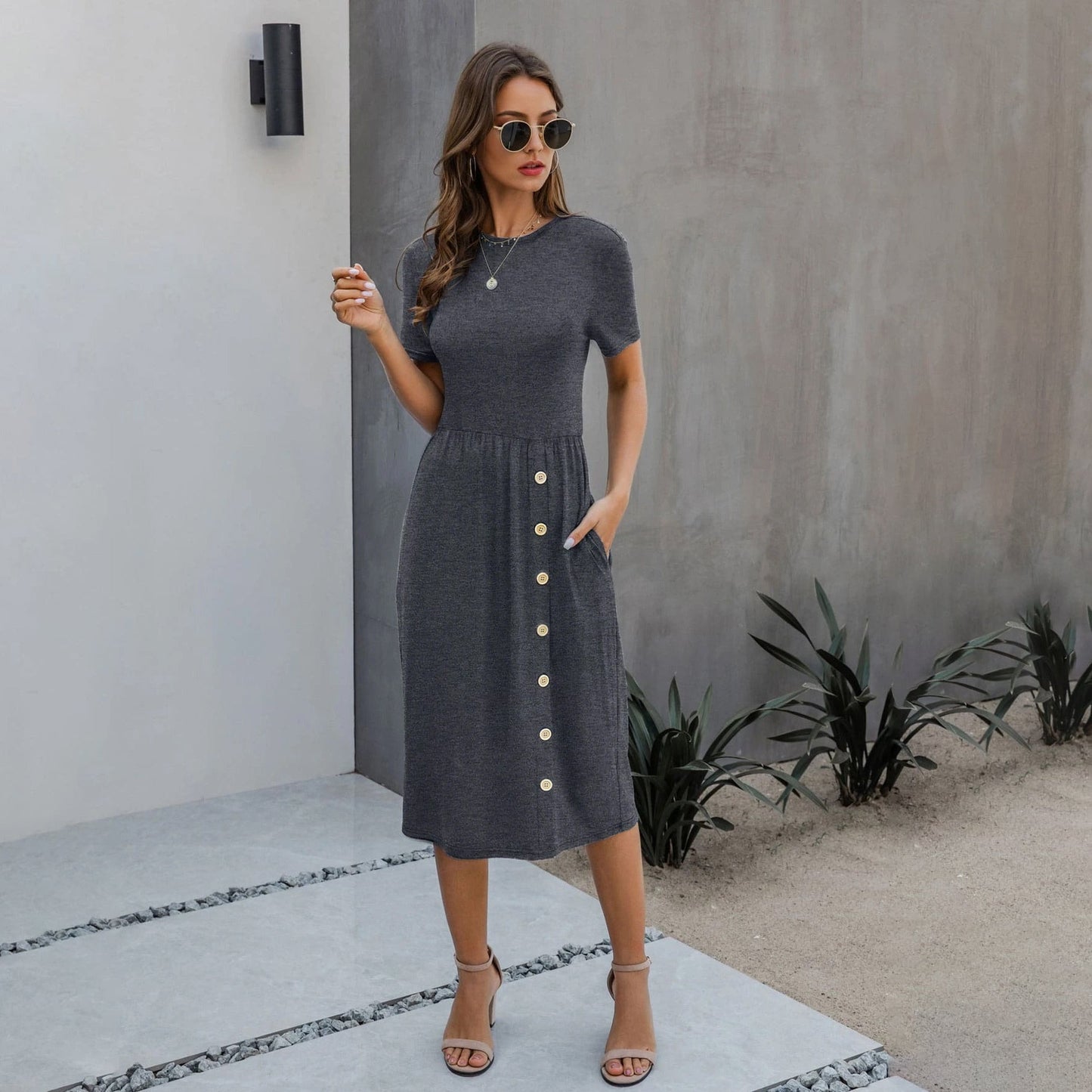 Slant Pocket Button Dress