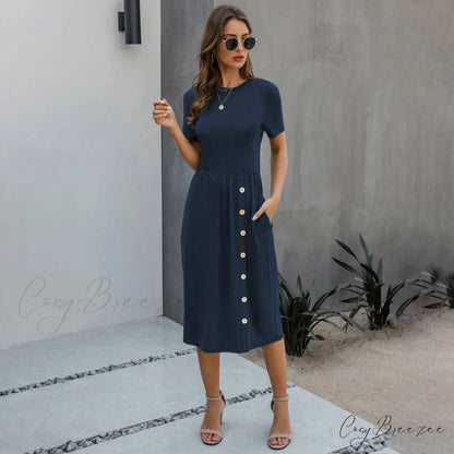 Slant Pocket Button Dress Navy Blue / S