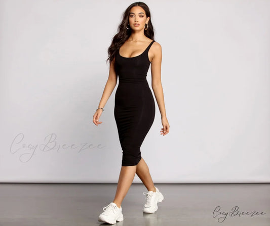 Slay Every Day Basic Graceful Scoop Neck Midi Dress BLACK / XS