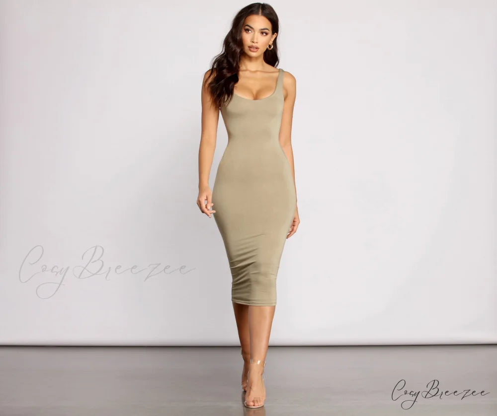 Slay Every Day Basic Graceful Scoop Neck Midi Dress SAGE / XS