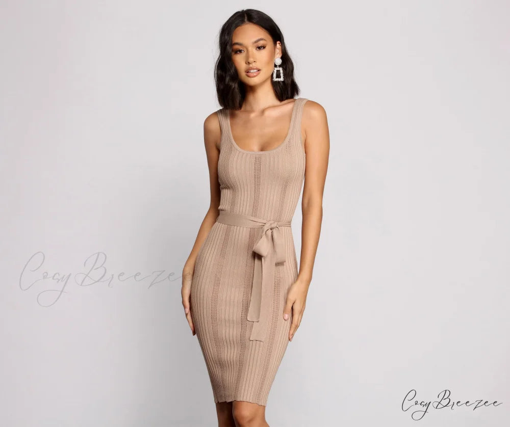 Slay In Style Ribbed Graceful Scoop Neck Midi Dress TAUPE / XS