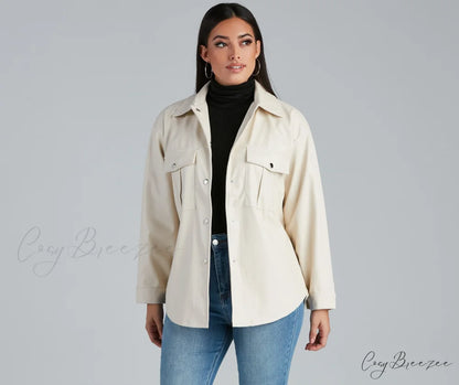 Sleek Trends Faux Leather Tie-Waist Shirt Jacket IVORY / S