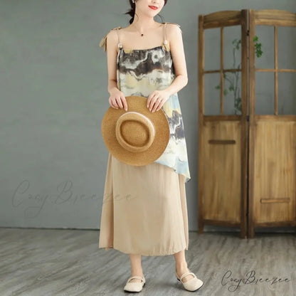 Sleeveless Asymmetrical Spaghetti Strap Thin Boho Dress Coffee / M Size (45-55KG)