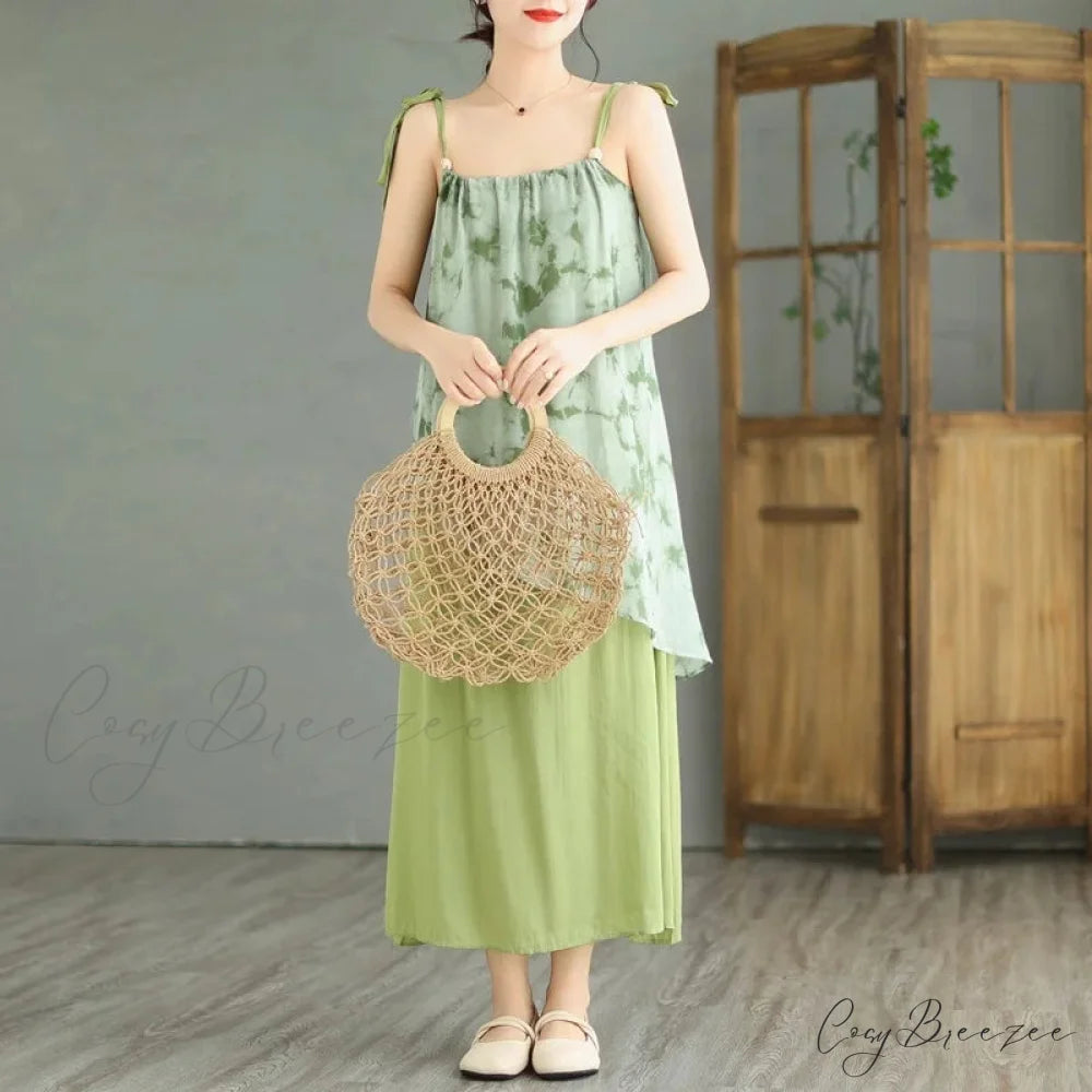 Sleeveless Asymmetrical Spaghetti Strap Thin Boho Dress Green / M Size (45-55KG)