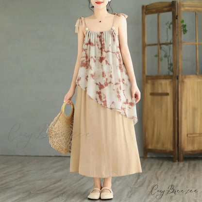 Sleeveless Asymmetrical Spaghetti Strap Thin Boho Dress Khaki / M Size (45-55KG)