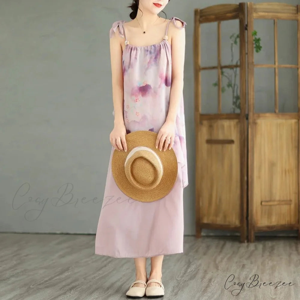 Sleeveless Asymmetrical Spaghetti Strap Thin Boho Dress Pink / M Size (45-55KG)
