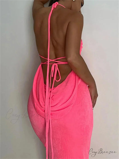 Sleeveless Backless Drawstring Hollow Out Sexy Split Summer Women Party Y2K Beach Vestidos Pink / S