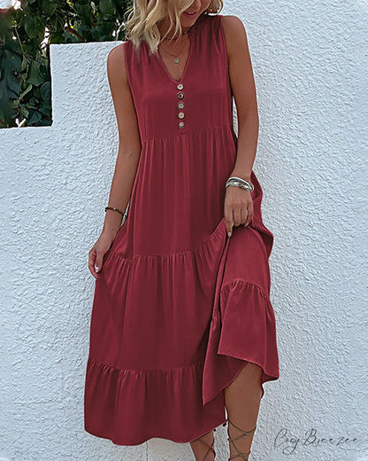 Sleeveless Casual Dress in Solid Color Burgundy / S