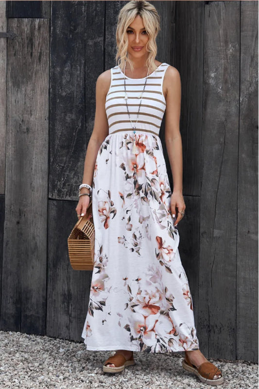Sleeveless Contrast Striped Dress with Plant Flower Vest S / white