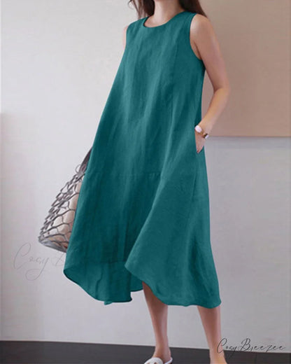 Sleeveless Cotton Linen Dress in Solid Color