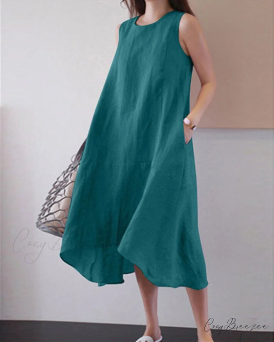 Sleeveless Cotton Linen Dress in Solid Color