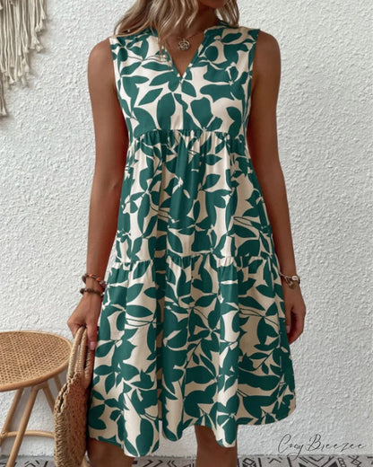 Sleeveless Dress with Leaves Print