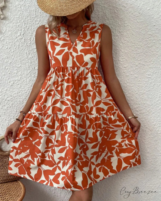 Sleeveless Dress with Leaves Print Orange / S