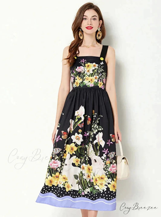 Sleeveless Dress with Printed Suspenders