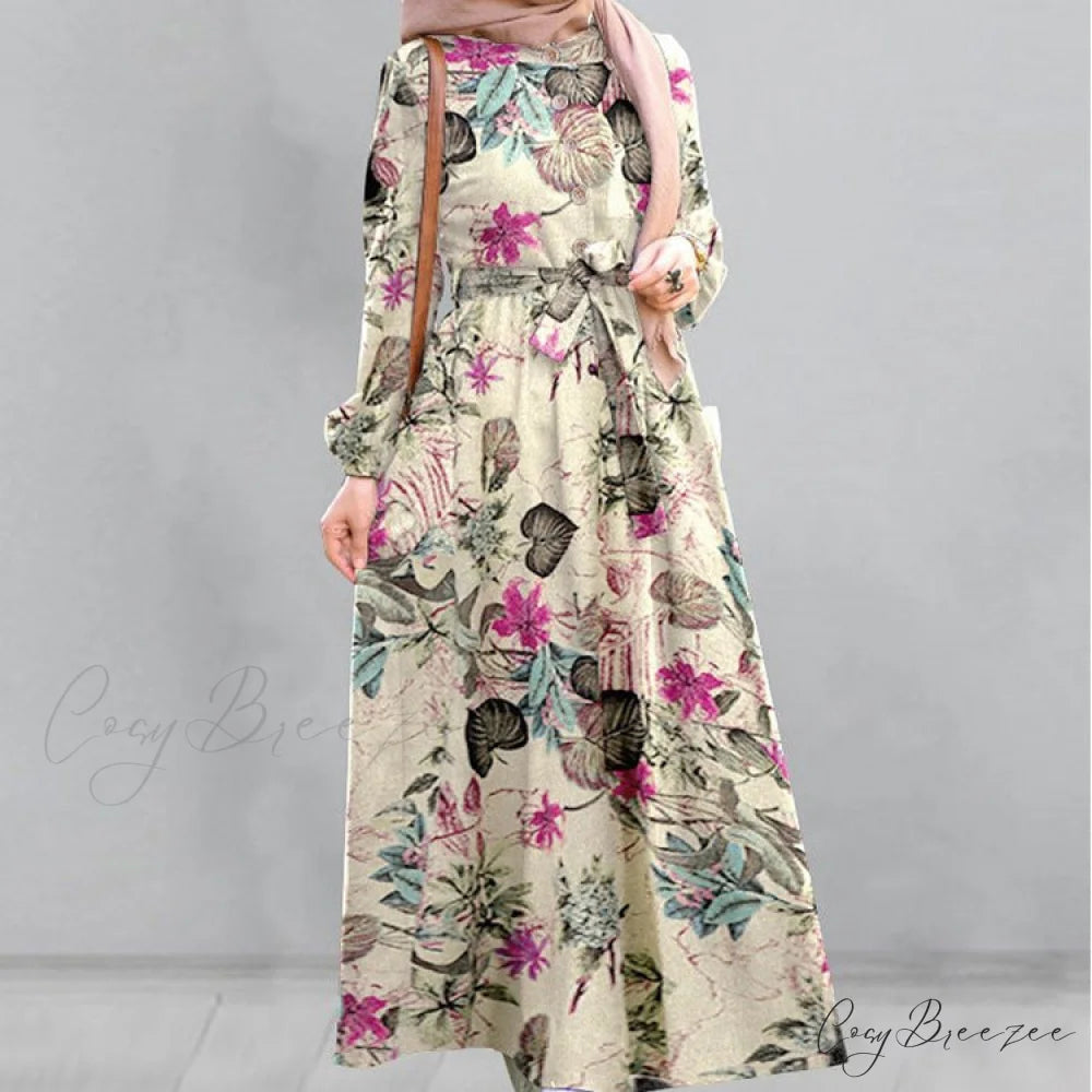 Sleeveless Floral Midi Dress with Drawstring S / KHAKI