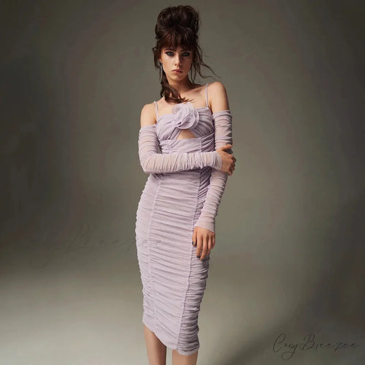 Sleeveless Halter Mesh Evening Party Dress lavender / XS