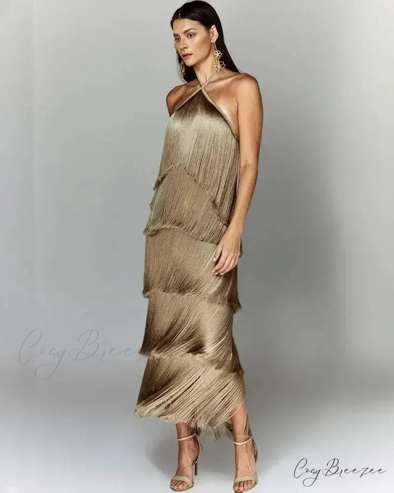 Sleeveless Halter Split Party Dress camel / S