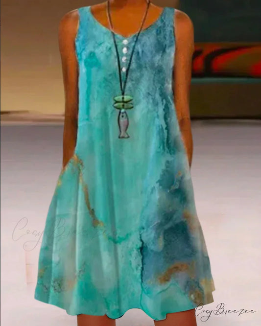Sleeveless Knee Length Dress with Print Blue / S