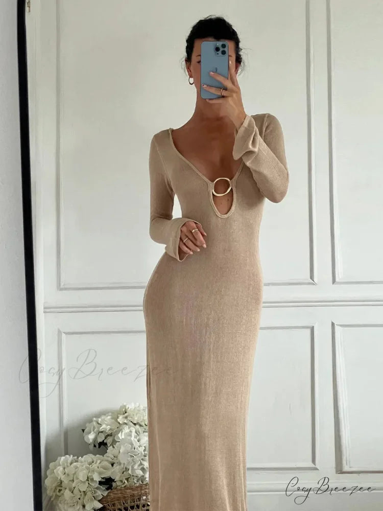 Sleeveless Knitted Tank Maxi Dress Khaki / S