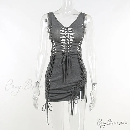 Sleeveless Lace Hollow Out Backless Dress - Women’s Casual Sexy Lolita