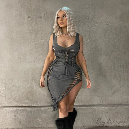 Sleeveless Lace Hollow Out Backless Dress - Women’s Casual Sexy Lolita