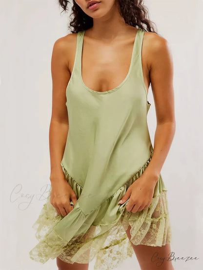 Sleeveless Lace Stylish Panel Mini Dress Green / S