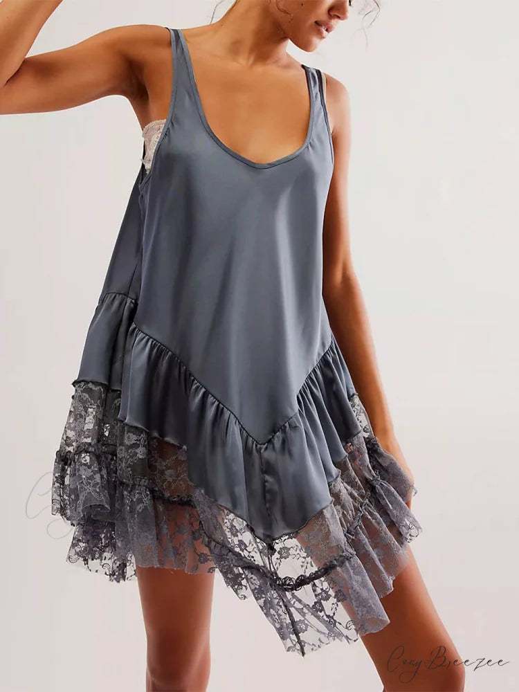 Sleeveless Lace Stylish Panel Mini Dress Grey / S