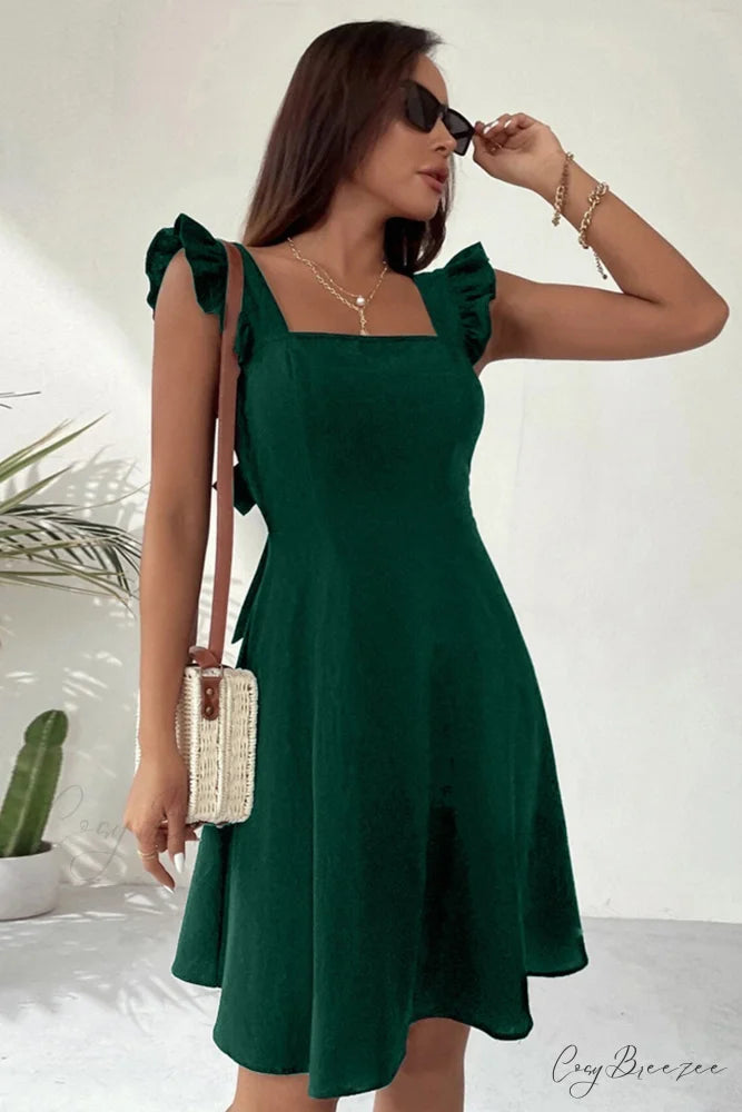 Sleeveless Mini Dress with Ruffle Detail and Tie-back Dark Green / S