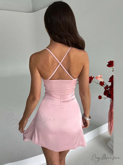 Sleeveless Mini Spaghetti Party Deep Strap V Club Warm-Season Gown Robe Backless Women Satin Neck Vestido
