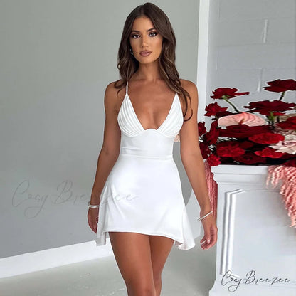 Sleeveless Mini Spaghetti Party Deep Strap V Club Warm-Season Gown Robe Backless Women Satin Neck Vestido