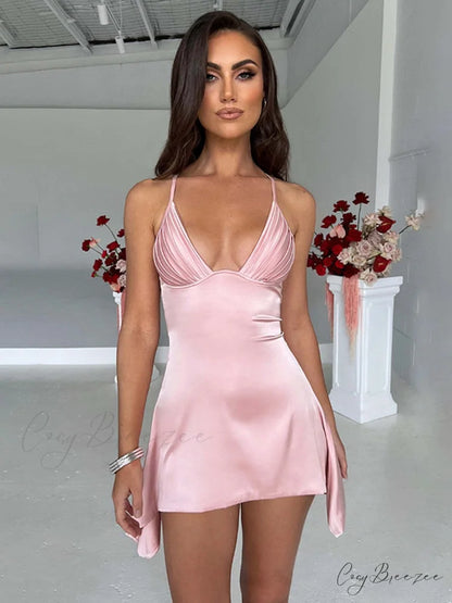Sleeveless Mini Spaghetti Party Deep Strap V Club Warm-Season Gown Robe Backless Women Satin Neck Vestido Pink / S