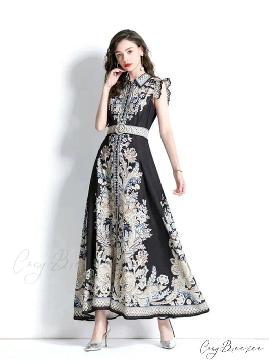 Sleeveless Patterned with Gown Lapel 2XL / black