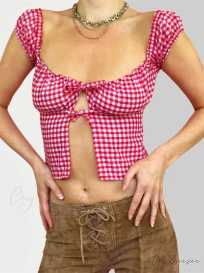 Sleeveless Plaid Square Neck Tie-up Crop Top blouse-250126