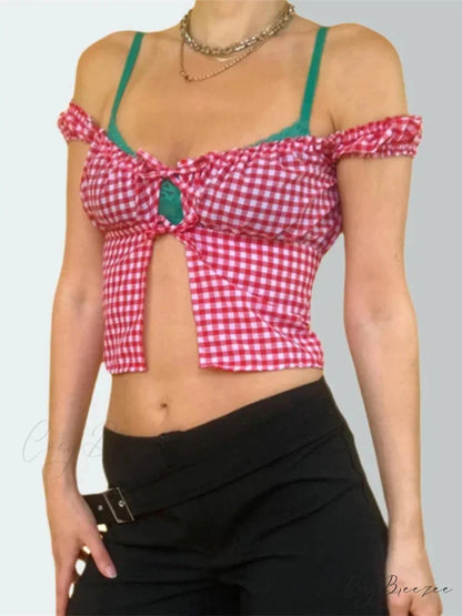 Sleeveless Plaid Square Neck Tie-up Crop Top blouse-250126
