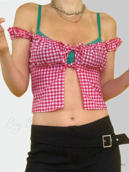 Sleeveless Plaid Square Neck Tie-up Crop Top blouse-250126