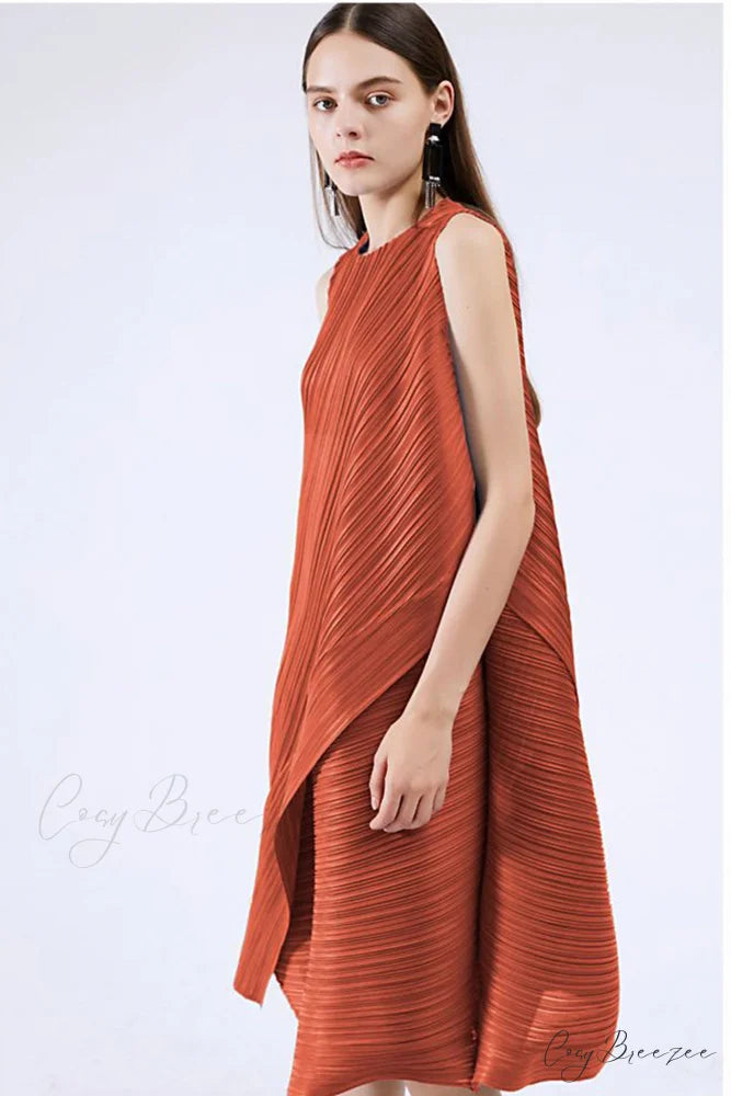 Sleeveless Pleated Midi Dress with Irregular Hem Brick Red / One Size