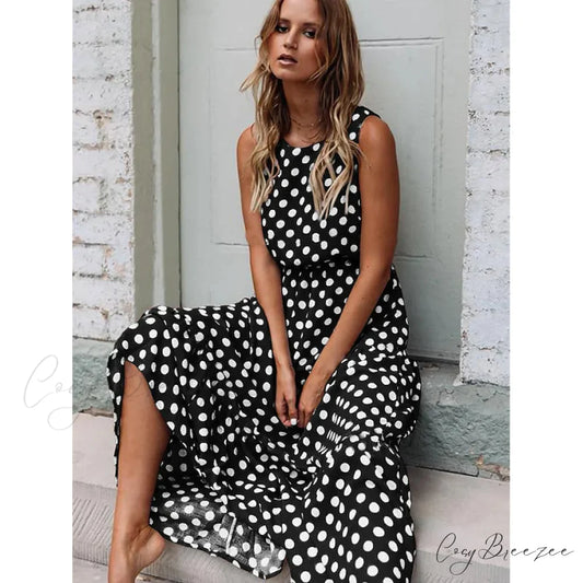 Sleeveless Polka Dot Long Dress for Women Black / S