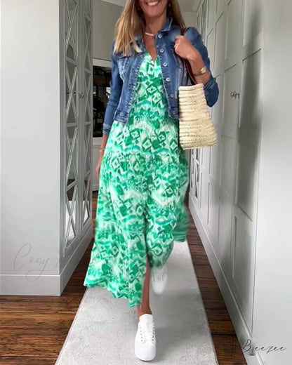 Sleeveless Printed Dress with Slit