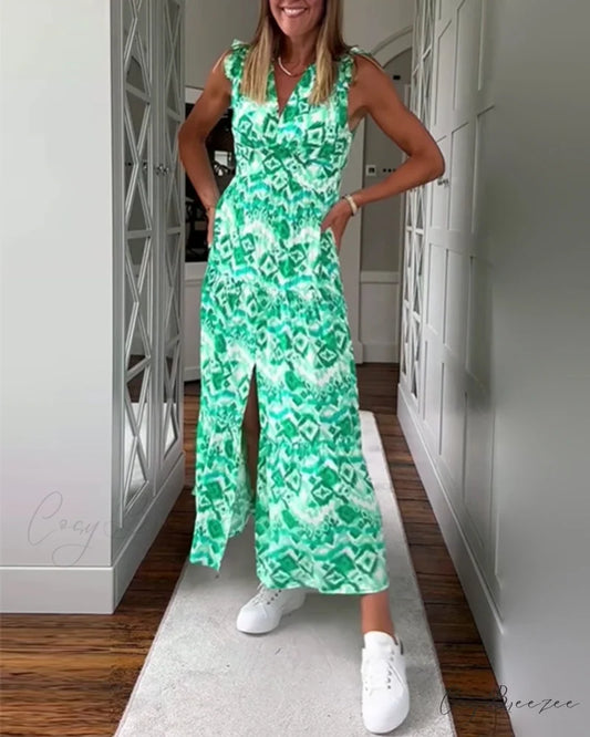 Sleeveless Printed Dress with Slit Green / S