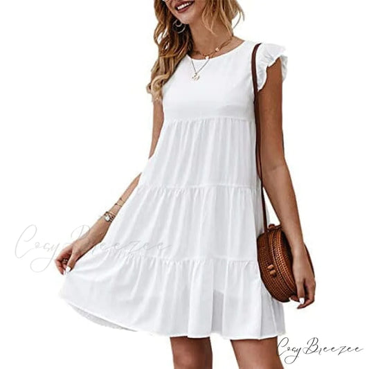 Sleeveless Ruffle Sleeve Summer Dress for Women White / S