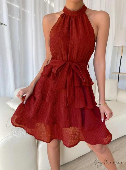 Sleeveless Ruffled Dress S / Red