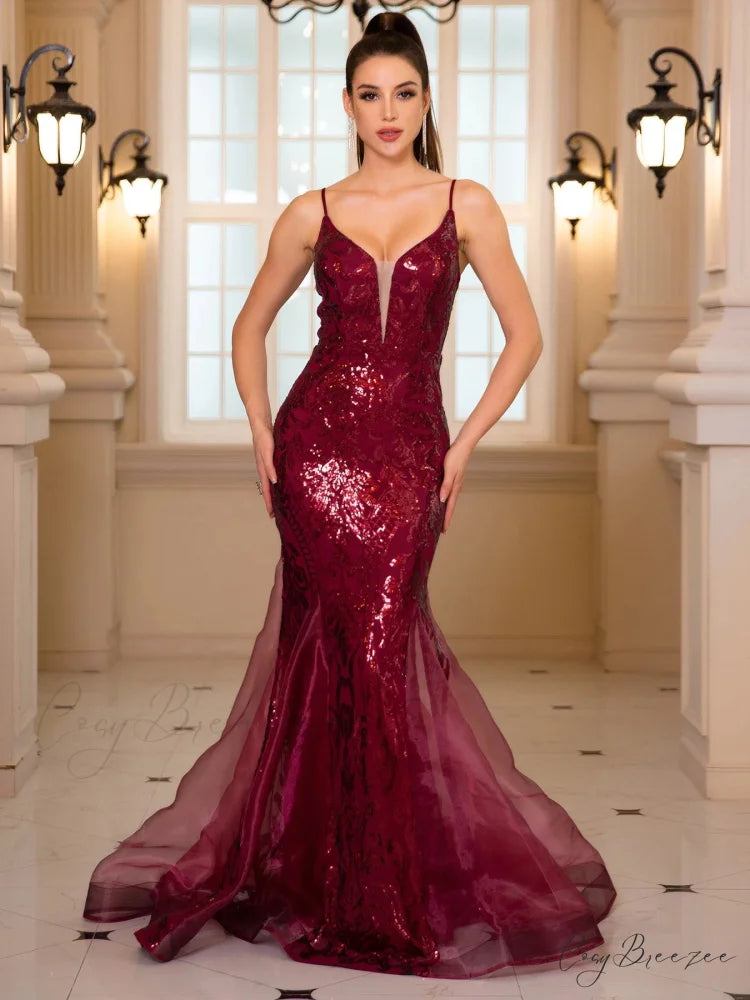 Sleeveless Sequined Mermaid Party Dress Burgundy / S