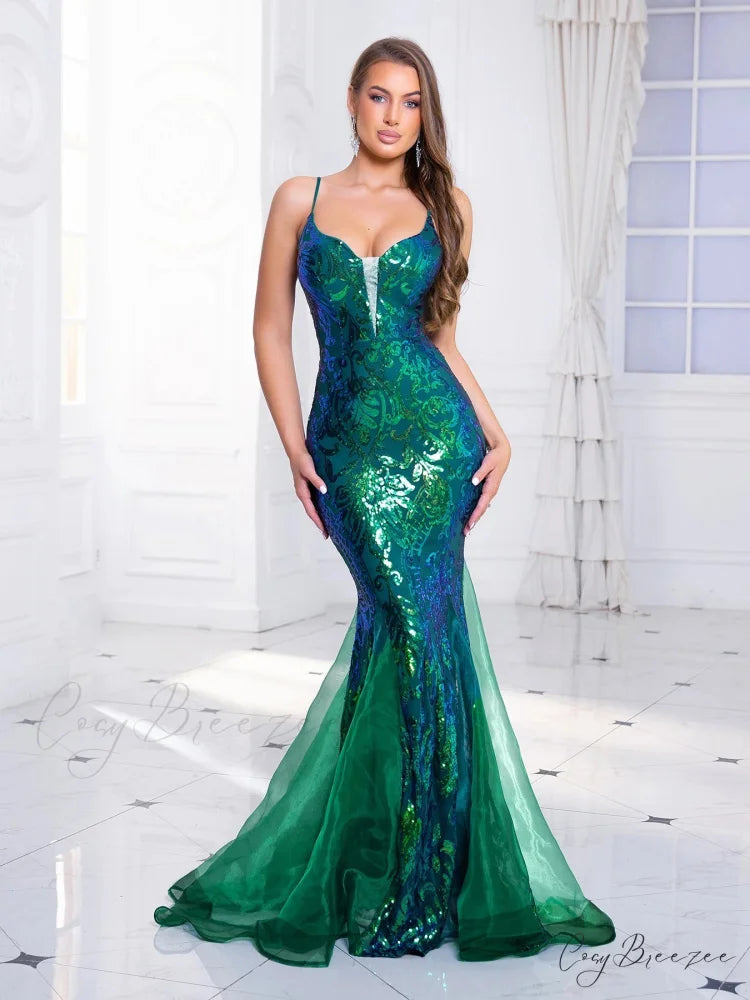 Sleeveless Sequined Mermaid Party Dress Green / S