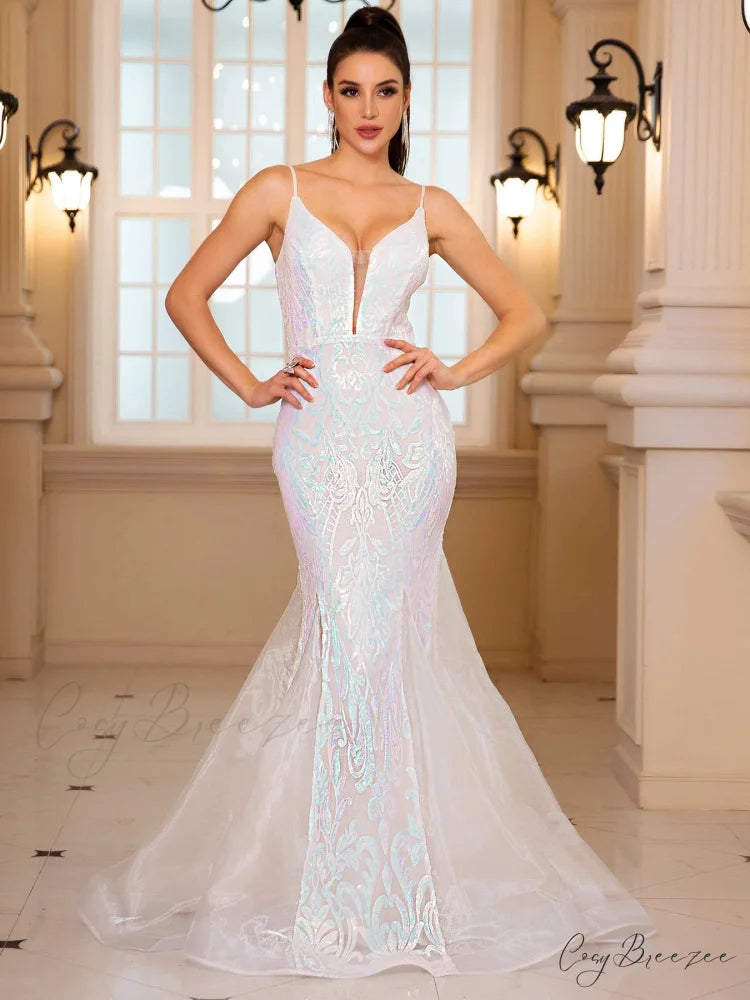 Sleeveless Sequined Mermaid Party Dress WHITE / S